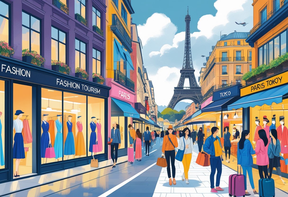 A split scene showing traditional fashion retail stores with shoppers on one side and tourists exploring global fashion destinations on the other.