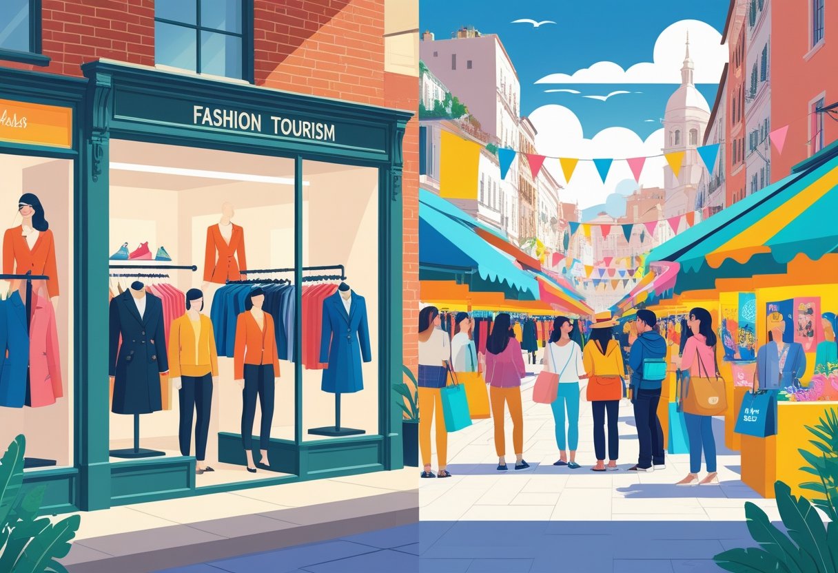 A scene showing a traditional fashion store on one side and tourists shopping at a lively outdoor fashion market on the other side.
