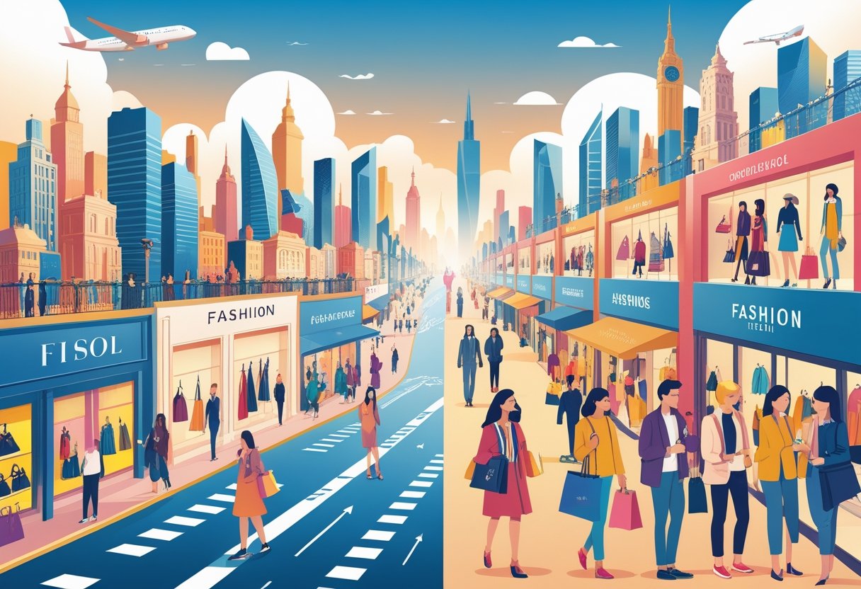 Illustration showing tourists exploring fashion markets and events alongside traditional fashion stores and runways in a city setting.